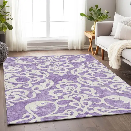 Purple And Ivory Damask Washable Area Rug With UV Protection Photo 3