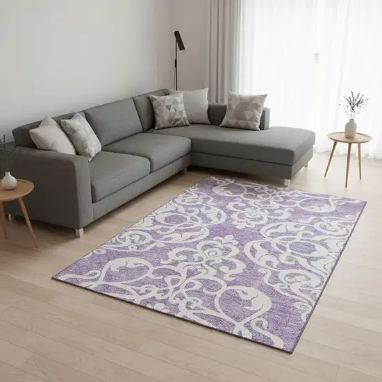 Purple And Ivory Damask Washable Area Rug With UV Protection Photo 2