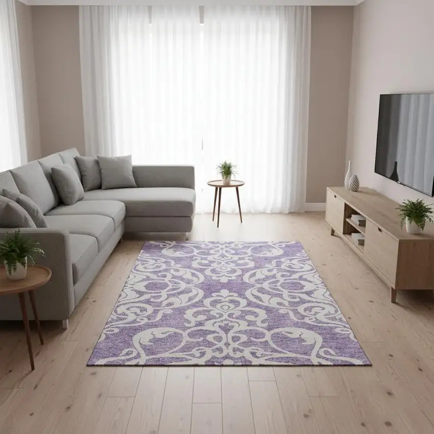 Purple And Ivory Damask Washable Area Rug With UV Protection Photo 2