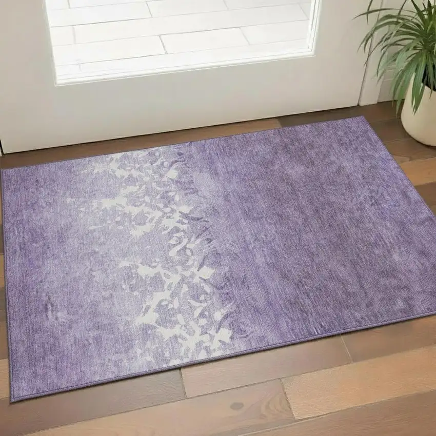 Purple And Ivory Damask Washable Area Rug With UV Protection Photo 2