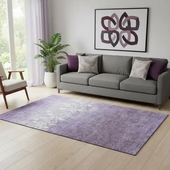 Purple And Ivory Damask Washable Area Rug With UV Protection Photo 2