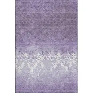 Photo of Purple And Ivory Damask Washable Area Rug With UV Protection