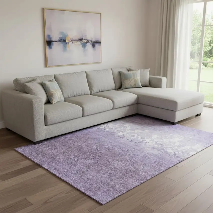 Purple And Ivory Damask Washable Area Rug With UV Protection Photo 2