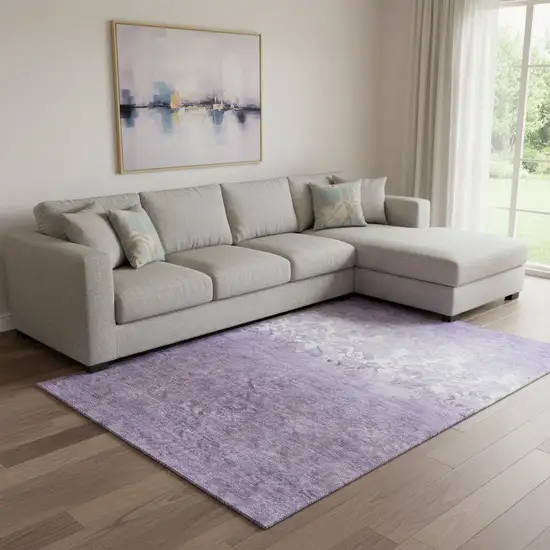 Purple And Ivory Damask Washable Area Rug With UV Protection Photo 2