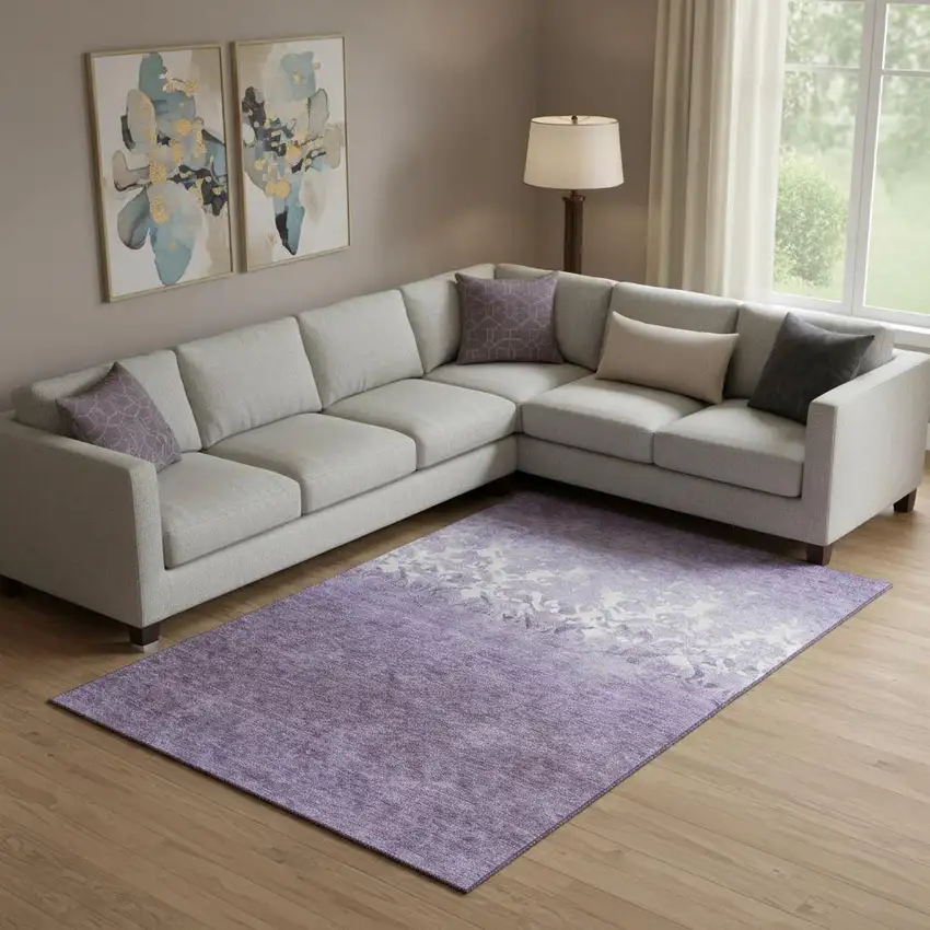 Purple And Ivory Damask Washable Area Rug With UV Protection Photo 2