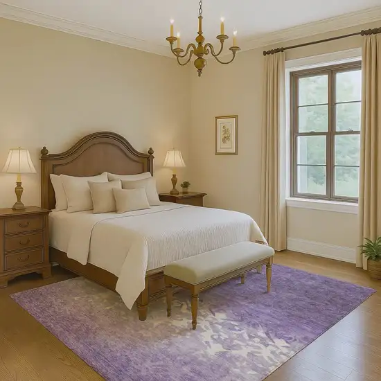 Purple And Ivory Damask Washable Area Rug With UV Protection Photo 6