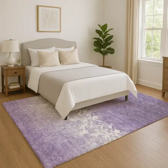 Purple And Ivory Damask Washable Area Rug With UV Protection Photo 5