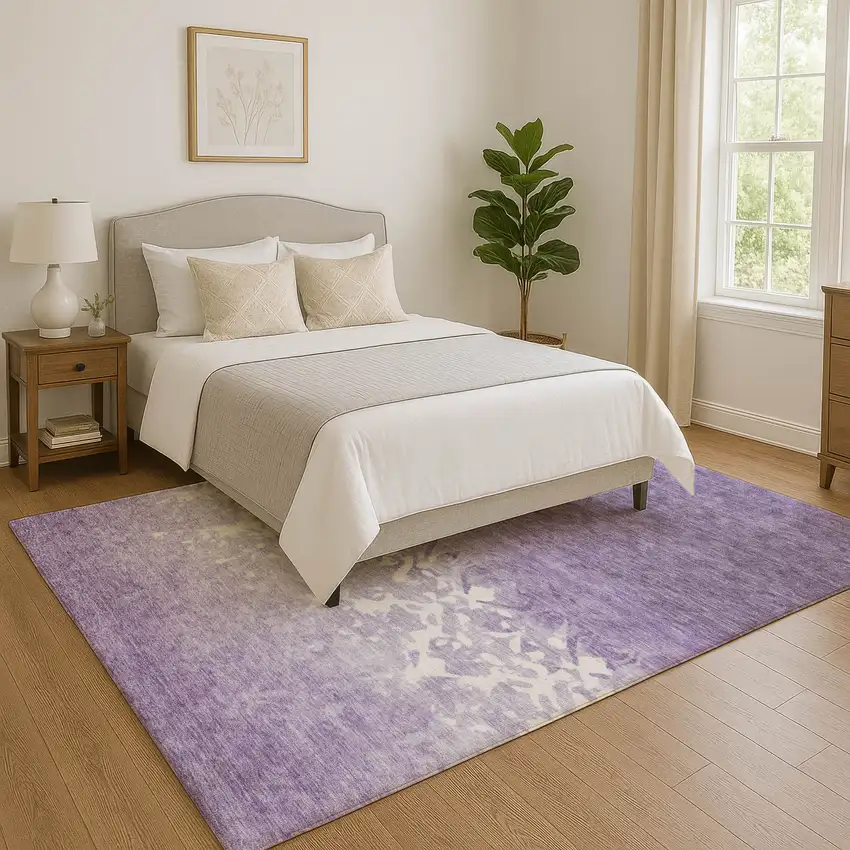 Purple And Ivory Damask Washable Area Rug With UV Protection Photo 5