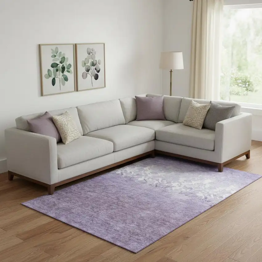 Purple And Ivory Damask Washable Area Rug With UV Protection Photo 2