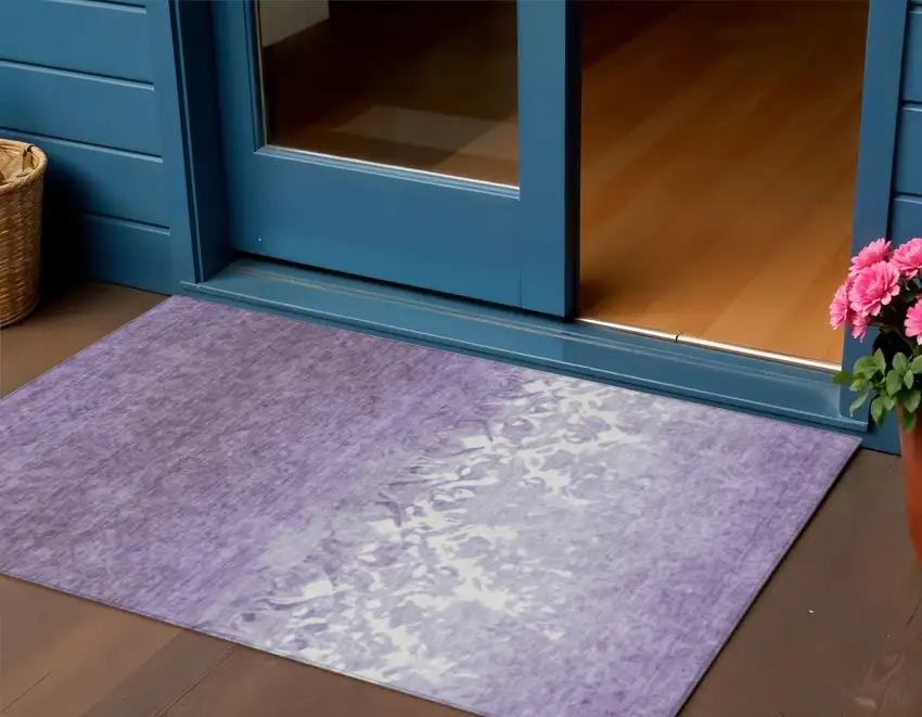 Purple And Ivory Damask Washable Indoor Outdoor Area Rug Photo 2