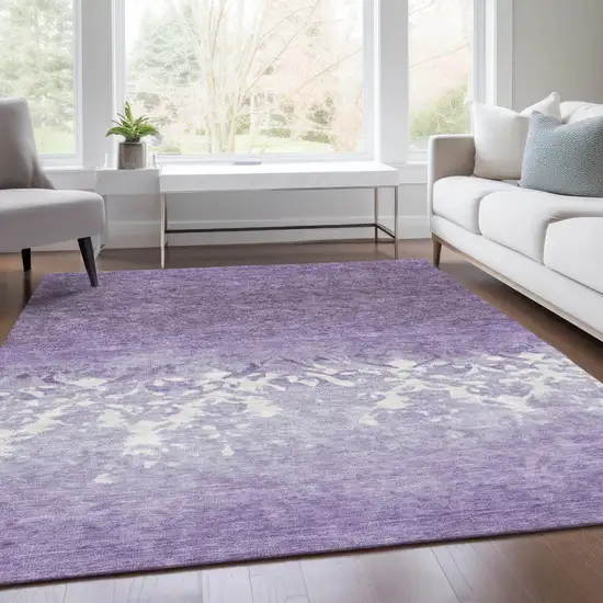 Purple And Ivory Damask Washable Indoor Outdoor Area Rug Photo 6