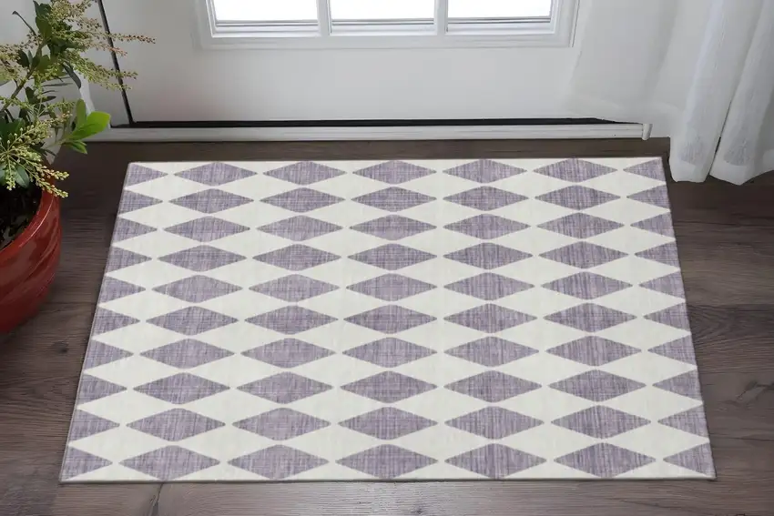 Purple And Ivory Diamond Washable Area Rug With UV Protection Photo 2