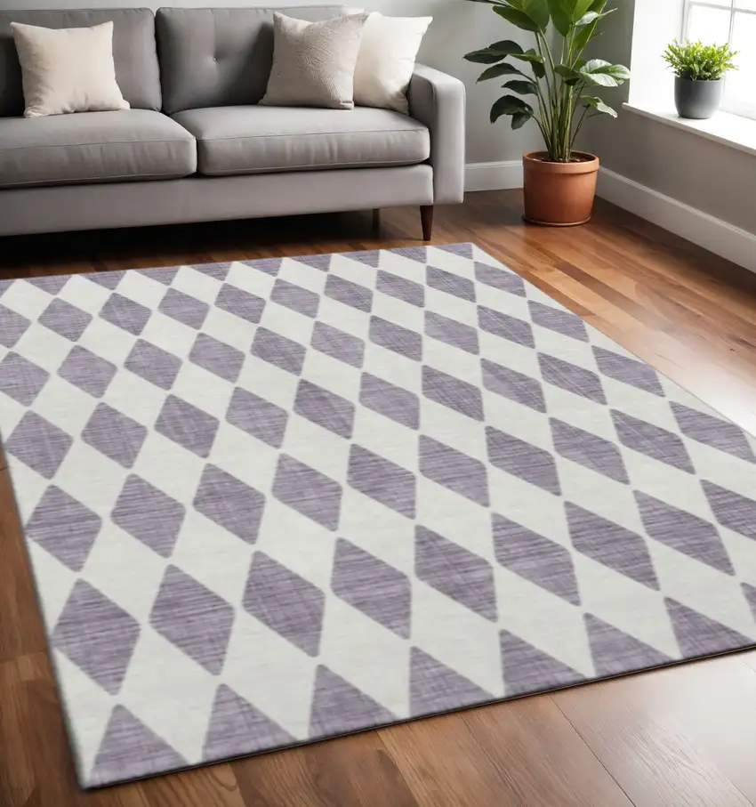 Purple And Ivory Diamond Washable Area Rug With UV Protection Photo 2