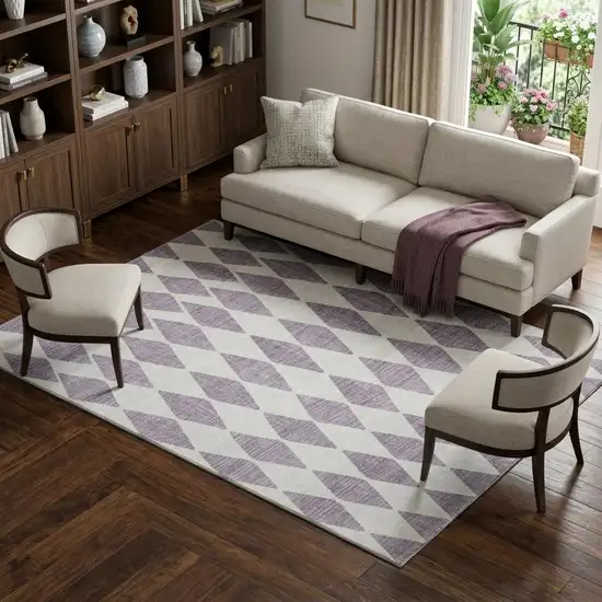 Purple And Ivory Diamond Washable Area Rug With UV Protection Photo 1