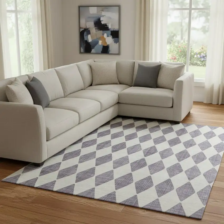 Purple And Ivory Diamond Washable Area Rug With UV Protection Photo 1