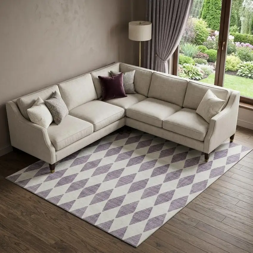 Purple And Ivory Diamond Washable Area Rug With UV Protection Photo 1