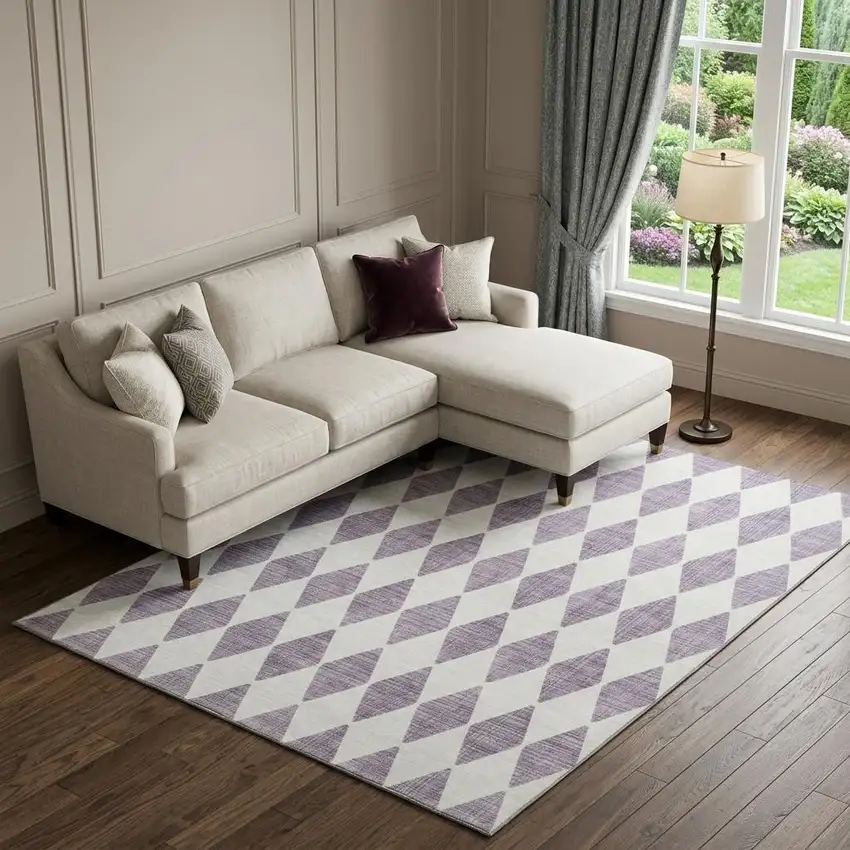 Purple And Ivory Diamond Washable Area Rug With UV Protection Photo 1