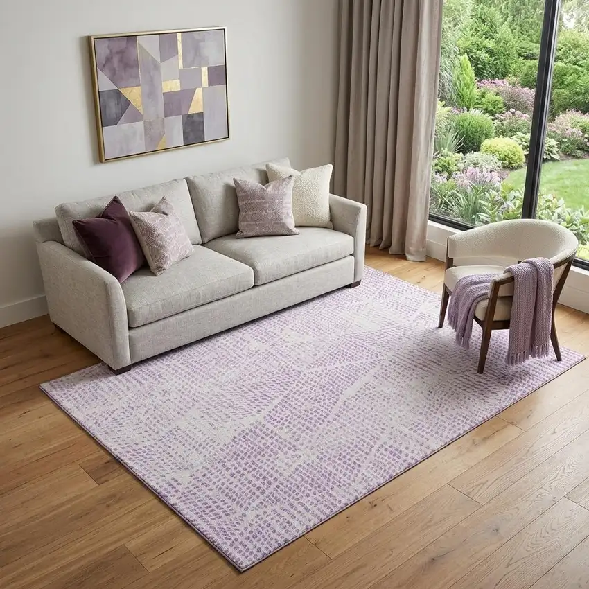 Purple And Ivory Diamond Washable Area Rug With UV Protection Photo 1