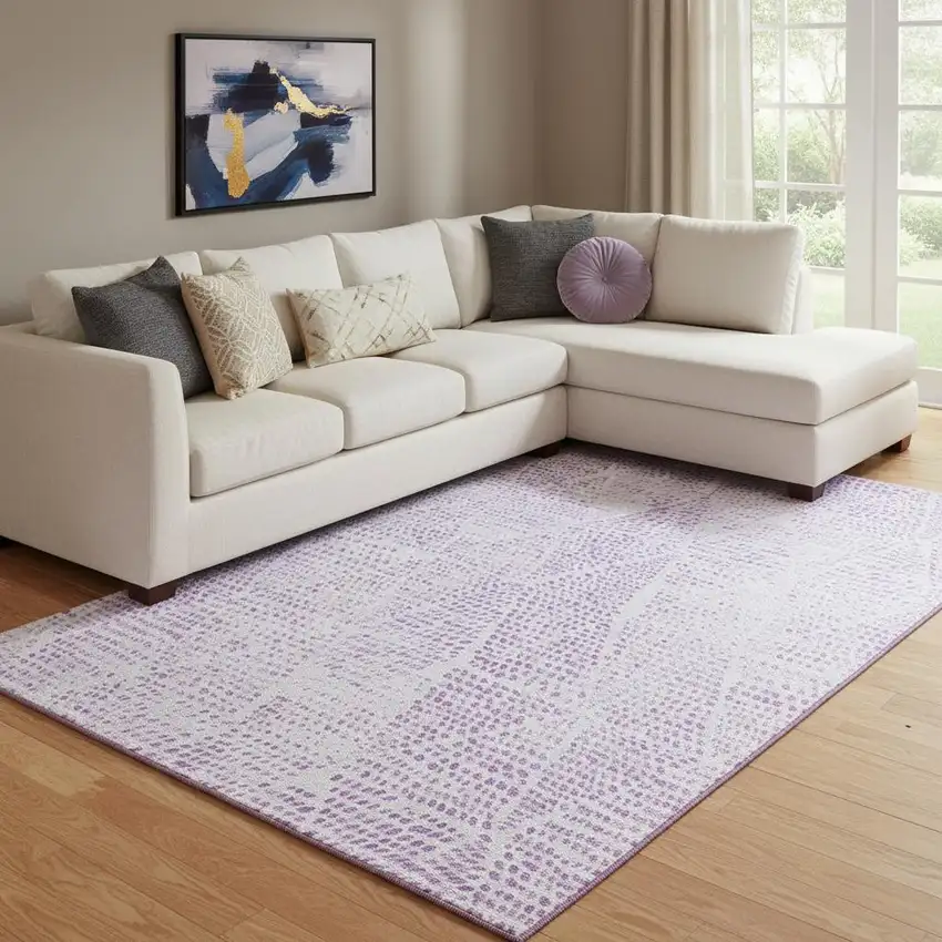 Purple And Ivory Diamond Washable Area Rug With UV Protection Photo 1