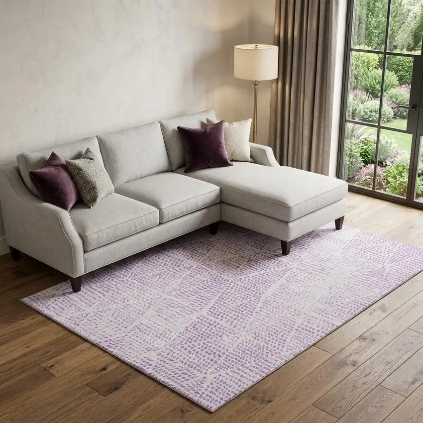 Purple And Ivory Diamond Washable Area Rug With UV Protection Photo 1