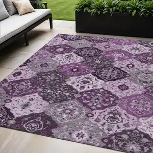 Photo of Purple And Ivory Floral Medallion Washable Indoor Outdoor Area Rug