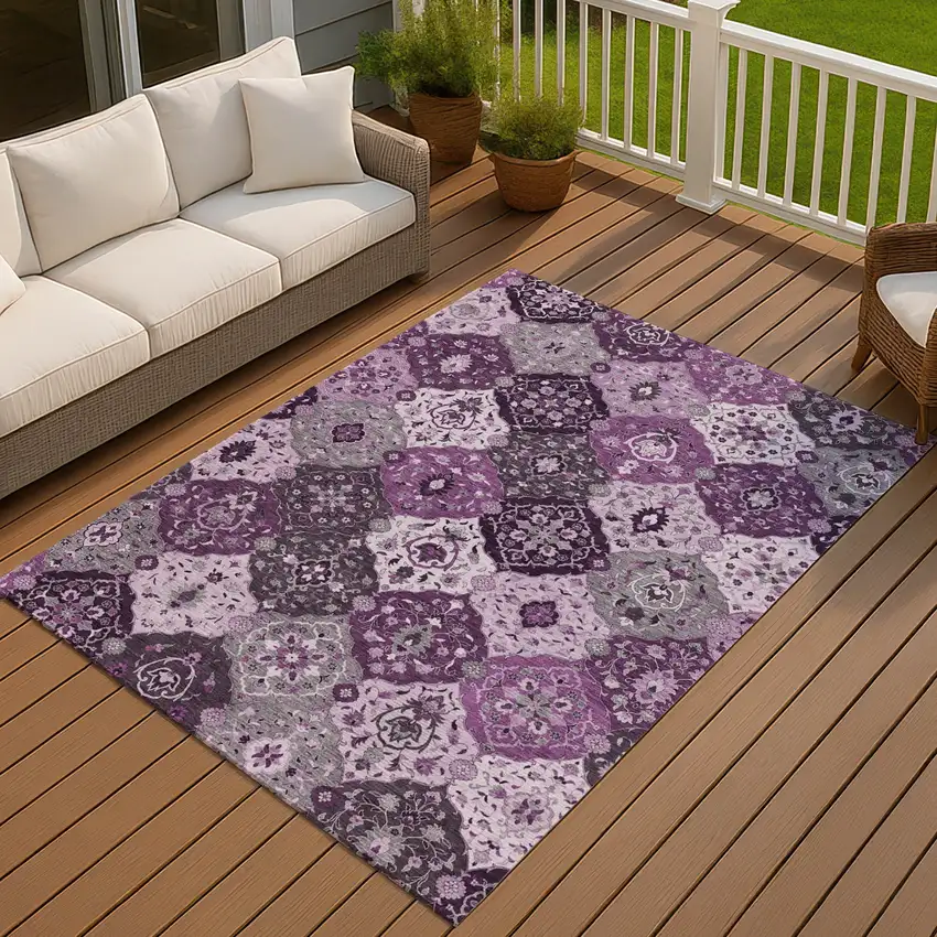 Purple And Ivory Floral Medallion Washable Indoor Outdoor Area Rug Photo 6