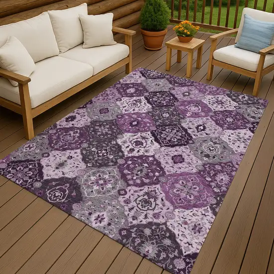 Purple And Ivory Floral Medallion Washable Indoor Outdoor Area Rug Photo 9