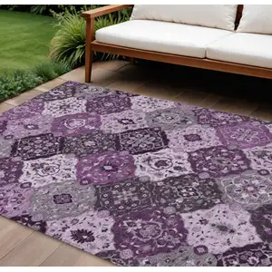 Photo of Purple And Ivory Floral Medallion Washable Indoor Outdoor Area Rug