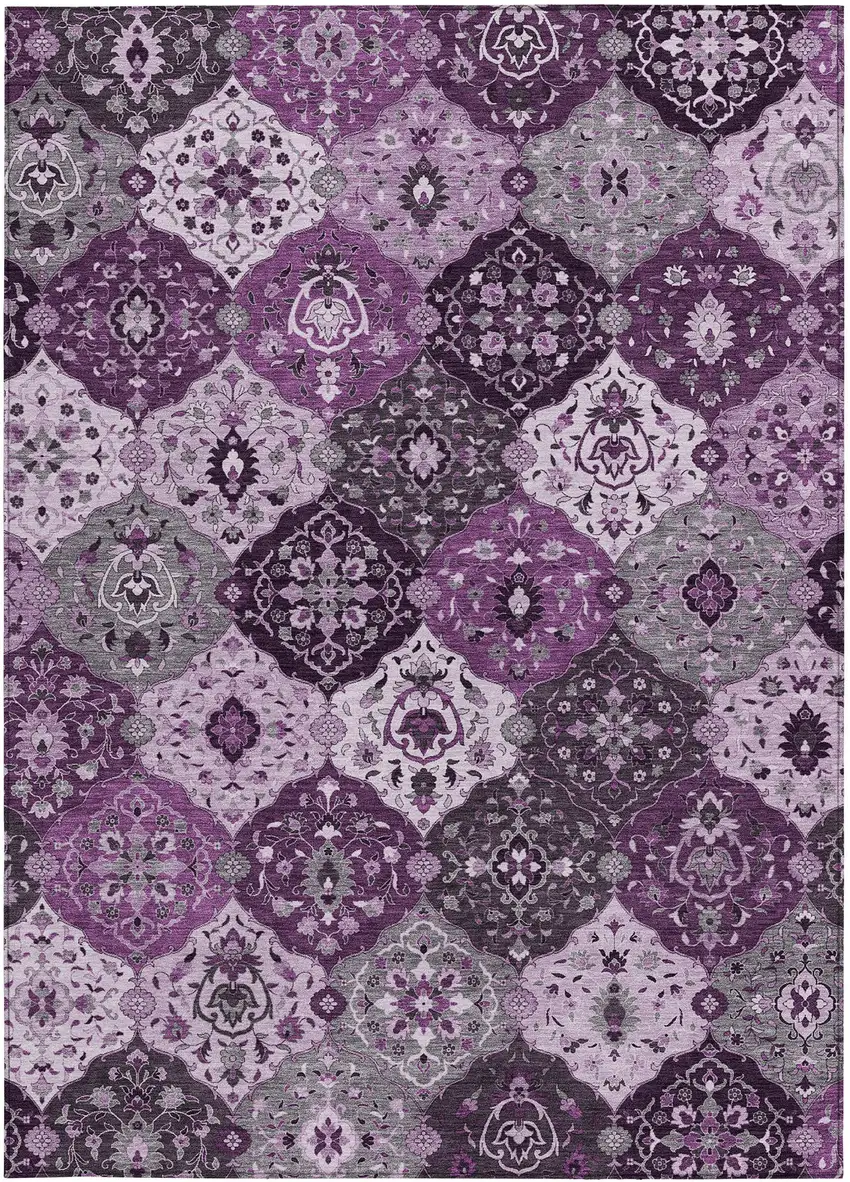 Purple And Ivory Floral Medallion Washable Indoor Outdoor Area Rug Photo 4