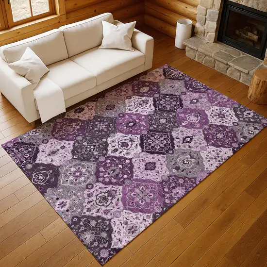 Purple And Ivory Floral Medallion Washable Indoor Outdoor Area Rug Photo 8