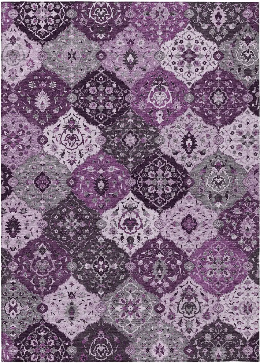 Purple And Ivory Floral Medallion Washable Indoor Outdoor Area Rug Photo 2