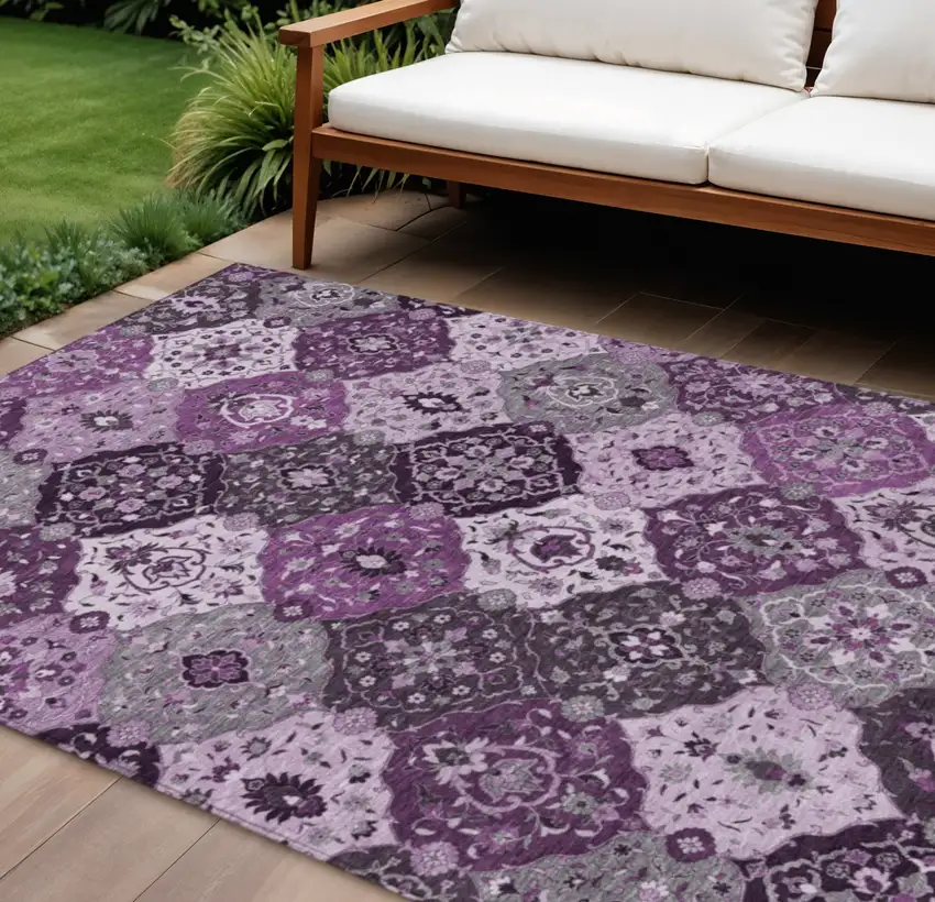 Purple And Ivory Floral Medallion Washable Indoor Outdoor Area Rug Photo 1