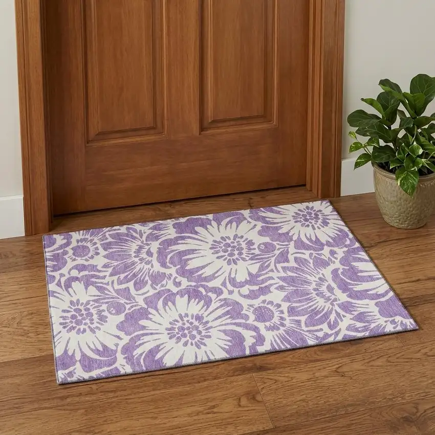 Purple And Ivory Floral Washable Area Rug With UV Protection Photo 1