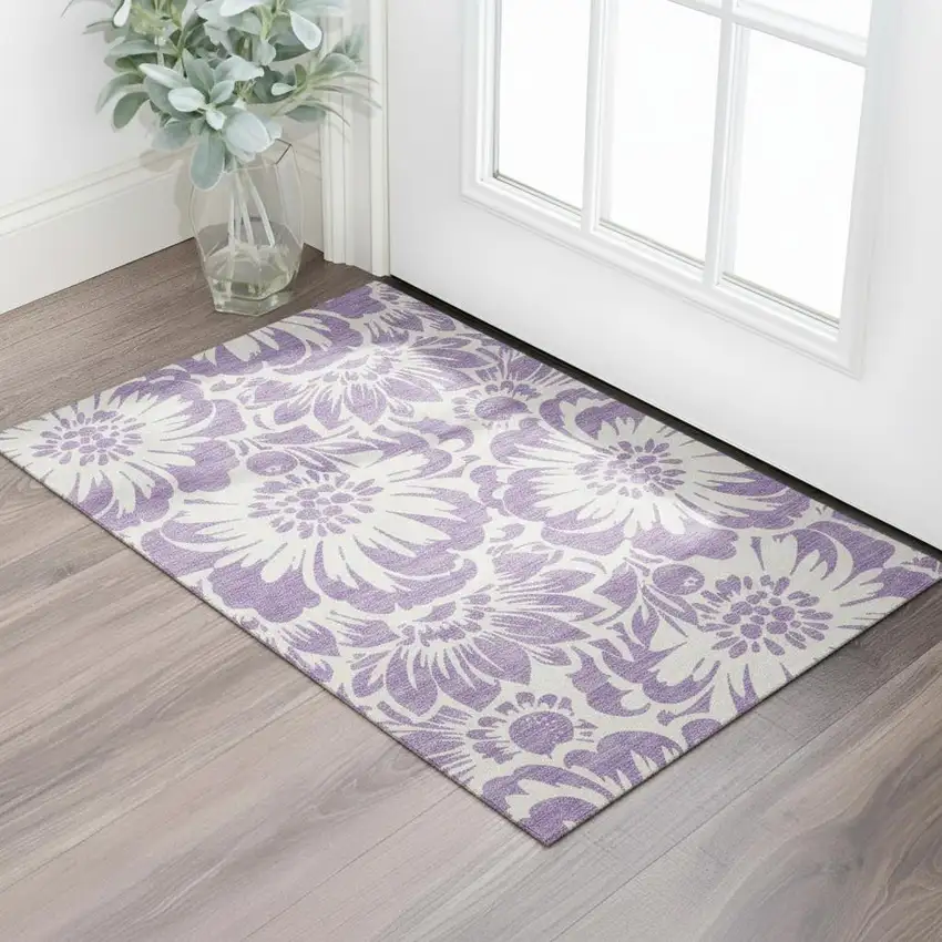 Purple And Ivory Floral Washable Area Rug With UV Protection Photo 1
