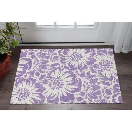 Purple And Ivory Floral Washable Area Rug With UV Protection Photo 2