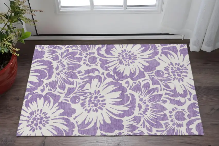Purple And Ivory Floral Washable Area Rug With UV Protection Photo 2