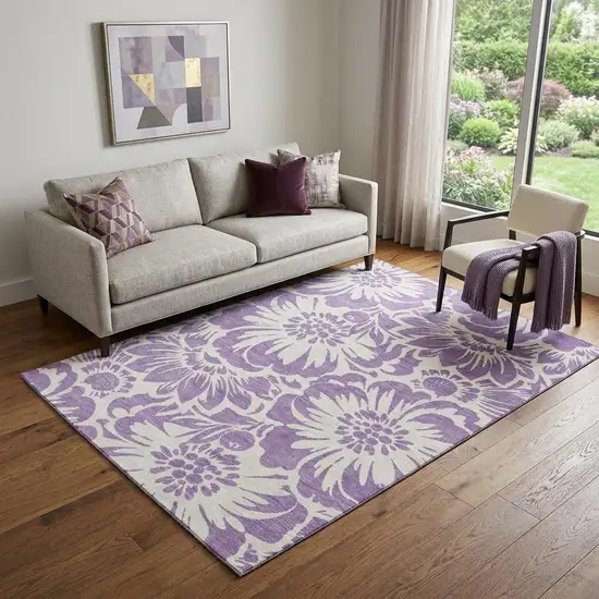 Purple And Ivory Floral Washable Area Rug With UV Protection Photo 1
