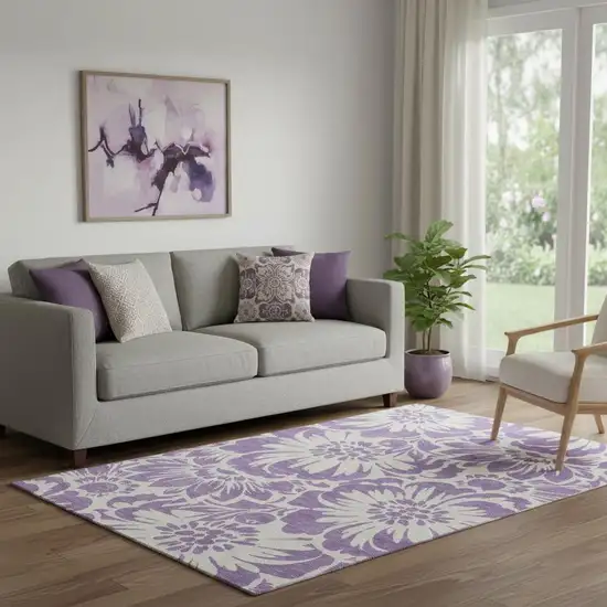 Purple And Ivory Floral Washable Area Rug With UV Protection Photo 1