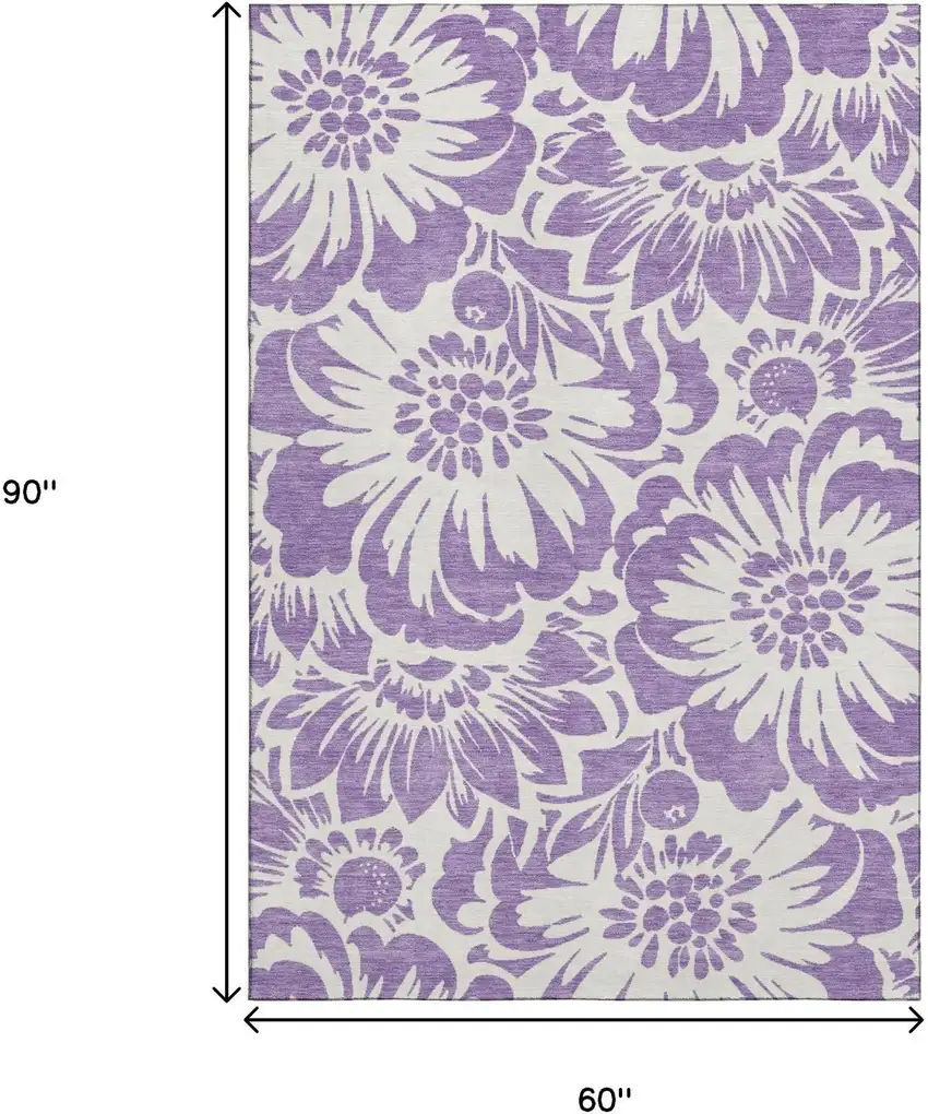 Purple And Ivory Floral Washable Area Rug With UV Protection Photo 3