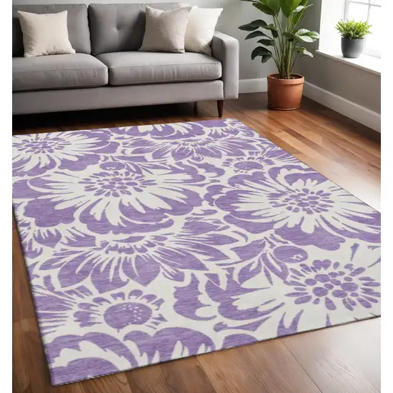 Purple And Ivory Floral Washable Area Rug With UV Protection Photo 2