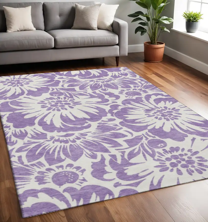 Purple And Ivory Floral Washable Area Rug With UV Protection Photo 2