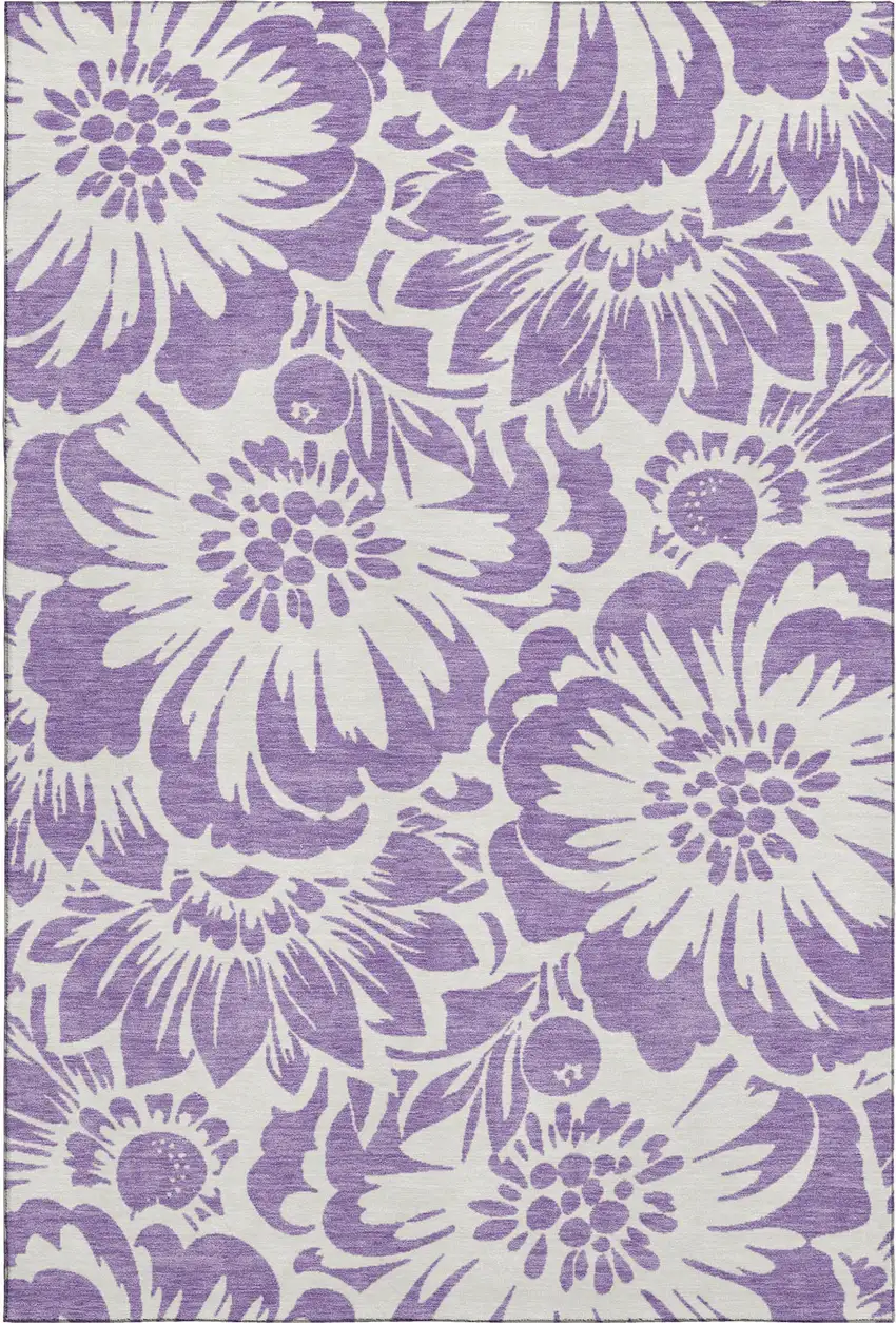 Purple And Ivory Floral Washable Area Rug With UV Protection Photo 1