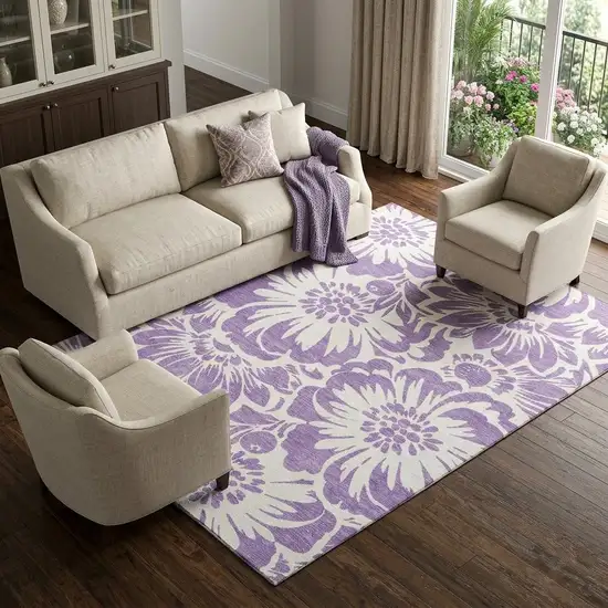 Purple And Ivory Floral Washable Area Rug With UV Protection Photo 1