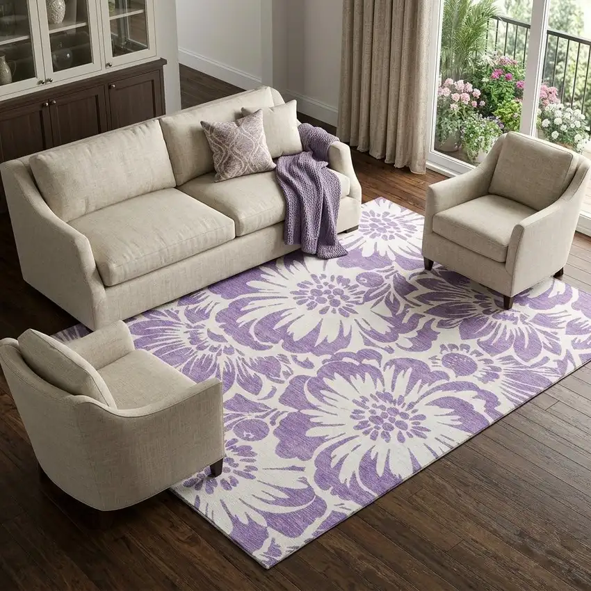 Purple And Ivory Floral Washable Area Rug With UV Protection Photo 1