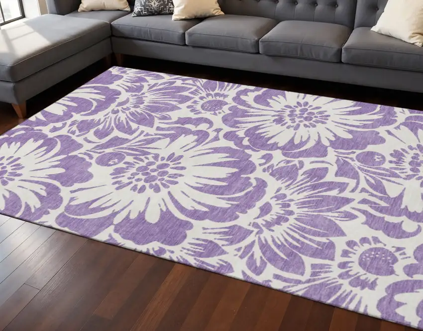 Purple And Ivory Floral Washable Area Rug With UV Protection Photo 2