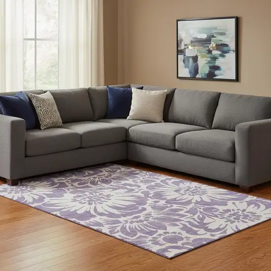 Purple And Ivory Floral Washable Area Rug With UV Protection Photo 1