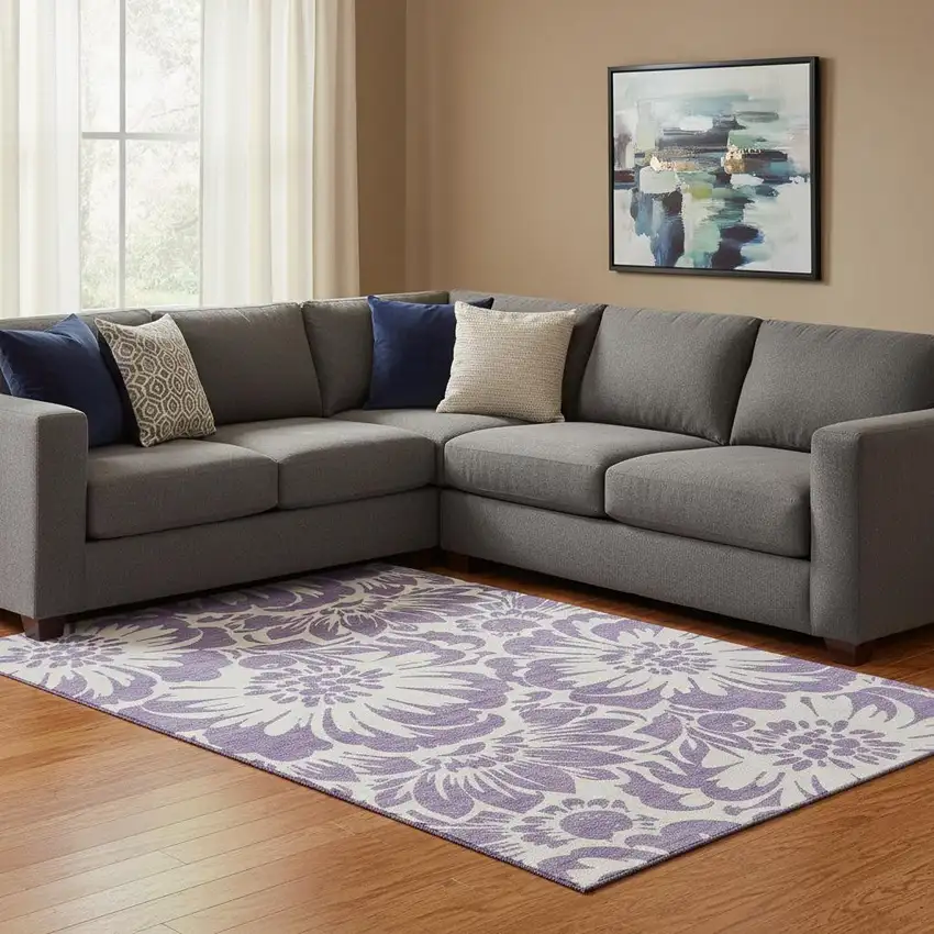 Purple And Ivory Floral Washable Area Rug With UV Protection Photo 1