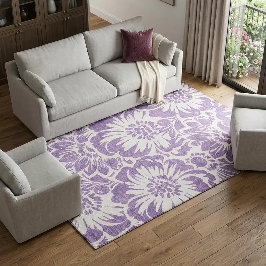 Purple And Ivory Floral Washable Area Rug With UV Protection Photo 1
