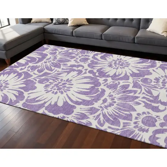 Purple And Ivory Floral Washable Area Rug With UV Protection Photo 2