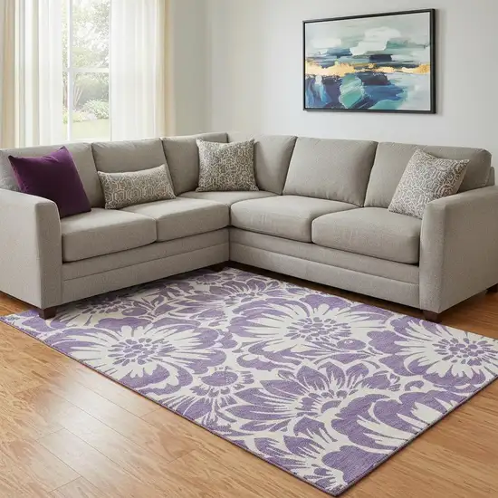Purple And Ivory Floral Washable Area Rug With UV Protection Photo 1